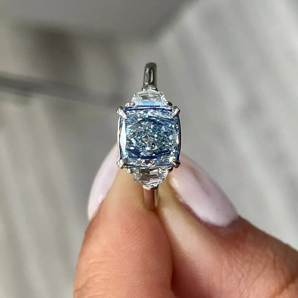 IGI Lab Grown Fancy Vivid Blue Diamond Ring 4.30 Ct Cushion Cut in 950 Platinum