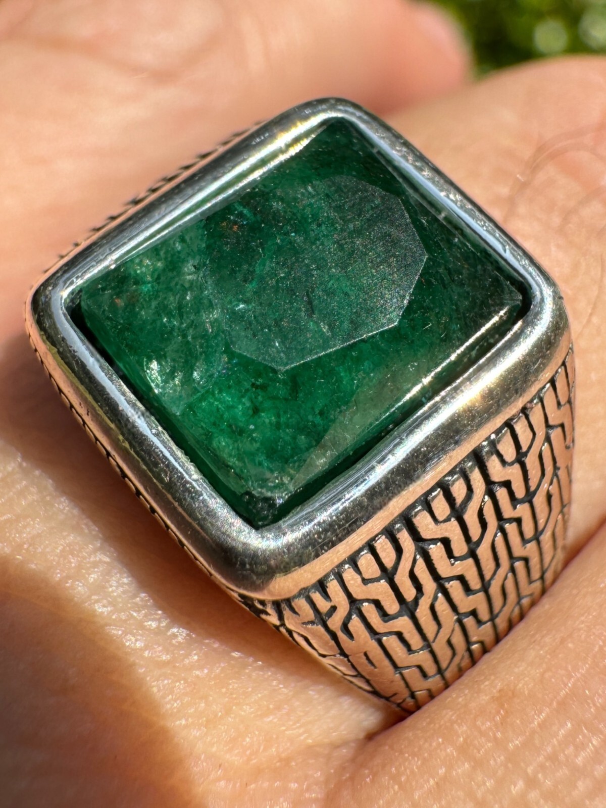 6ct Natural Green Emerald Real Genuine Gemstone Mens Real Solid 925 Silver Ring