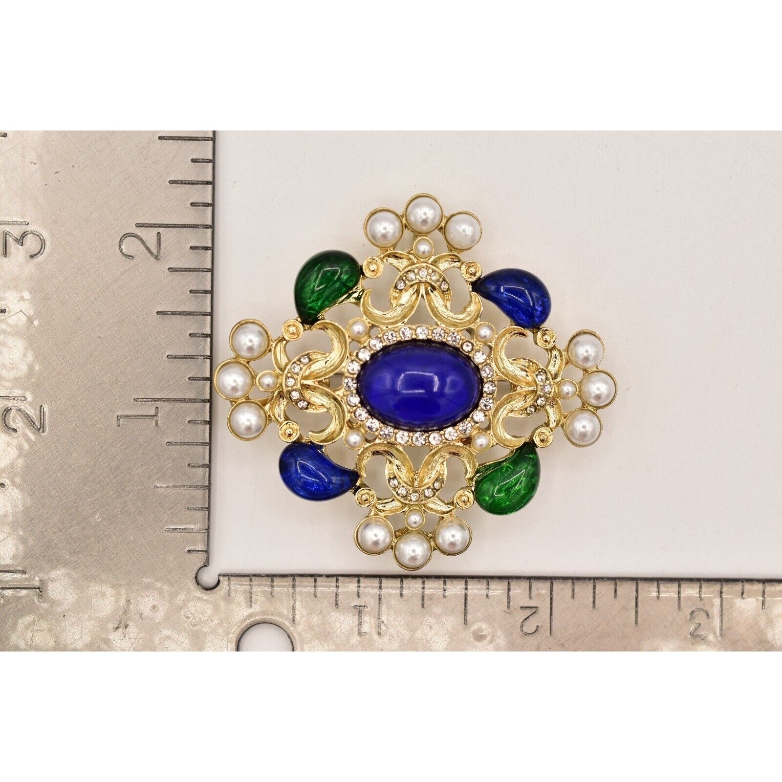 Vintage Cabochon Brooch Pin Faux Pearl White Blue Green Gold Chunky 1990s BinBG