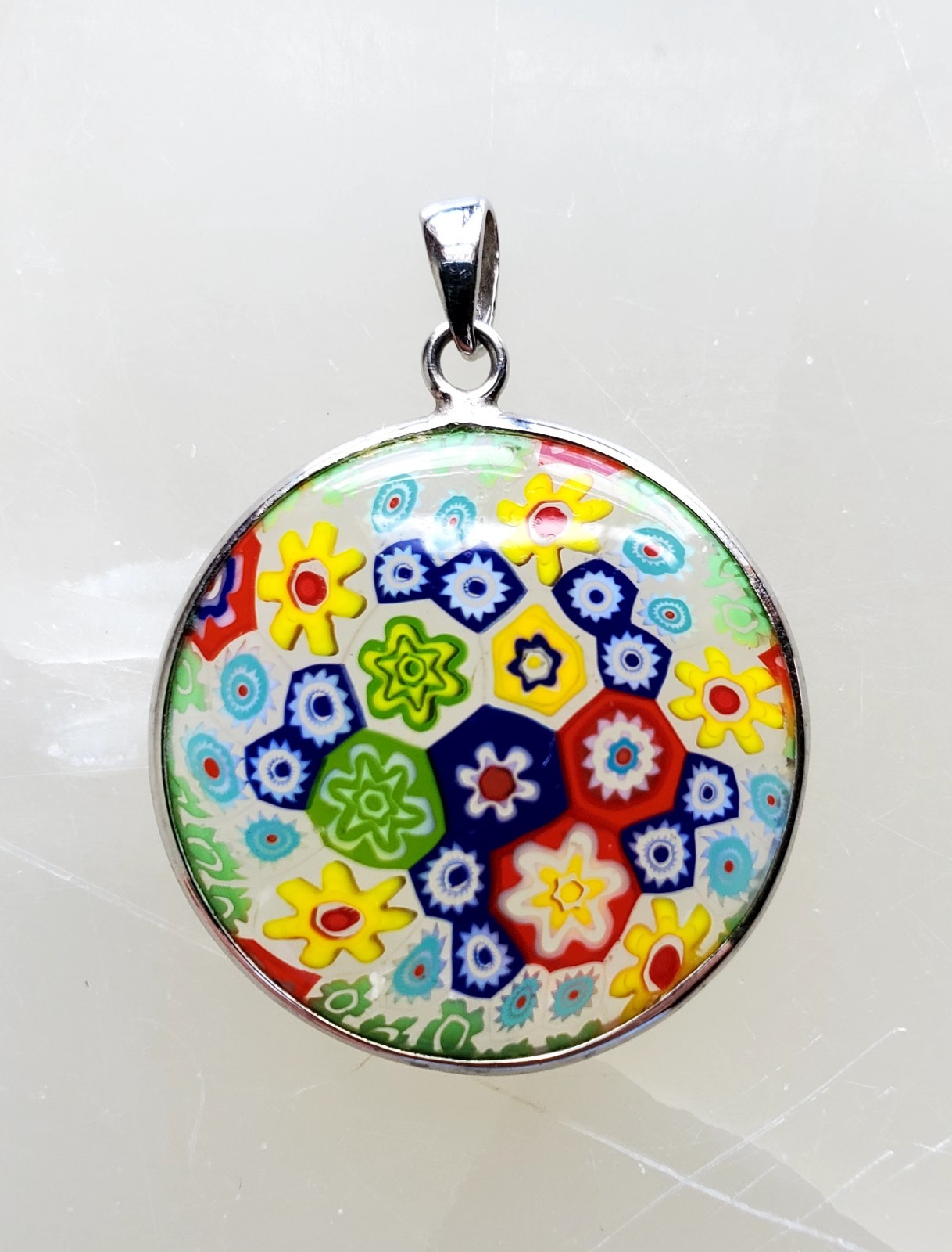 Vintage Millefiori flower pendant in Sterling Silver finding