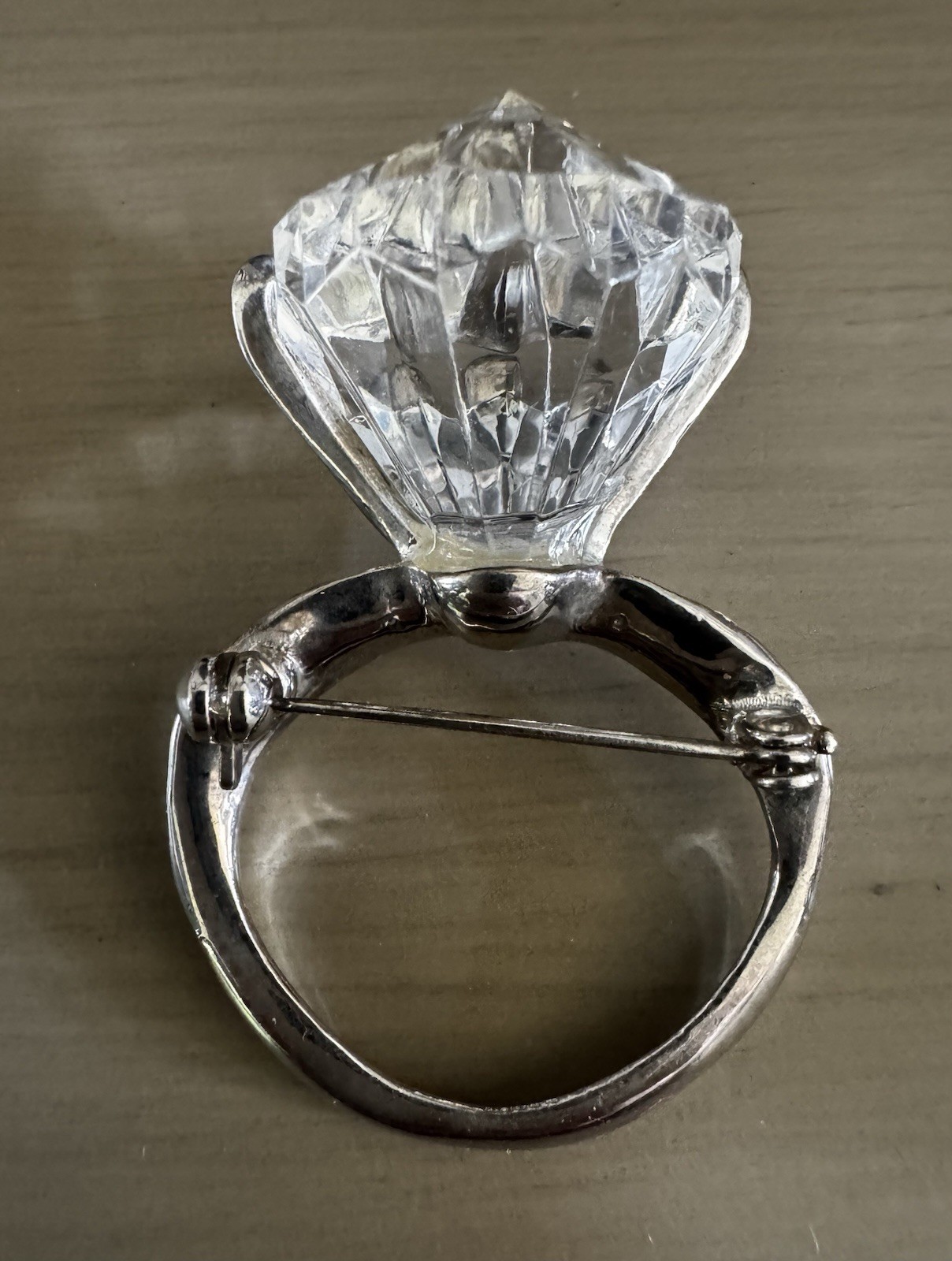 Silver Tone Huge Clear White Rhinestone Solitaire Ring Brooch Pin