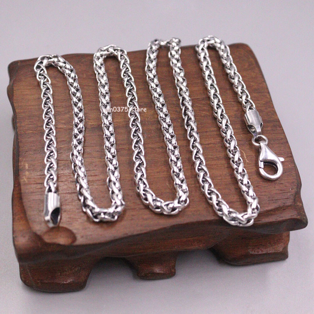 Real S925 Sterling Silver Necklace Women Man 4mm Wheat Chain Link 22inch /26-27g
