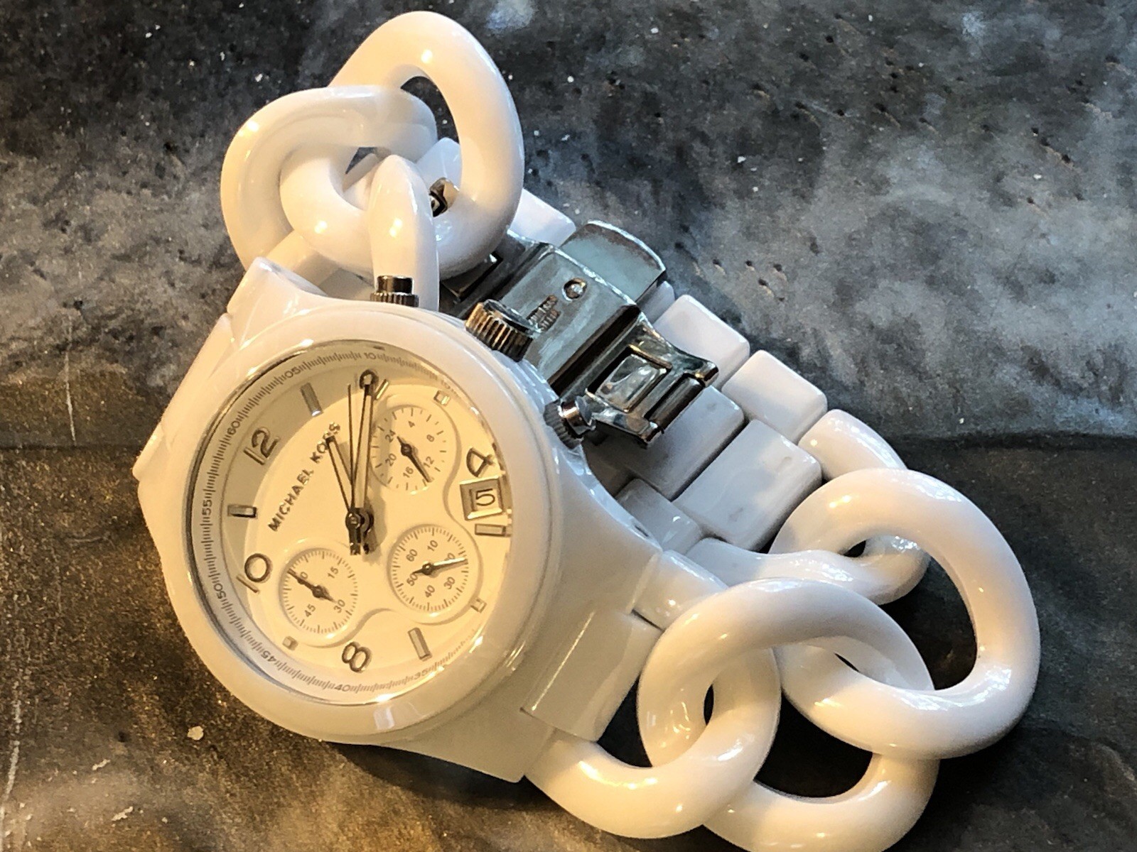 ✨🤍 NOS STUNNING Early MICHAEL KORS White CERAMIC Chain Link Bracelet Watch🤍✨