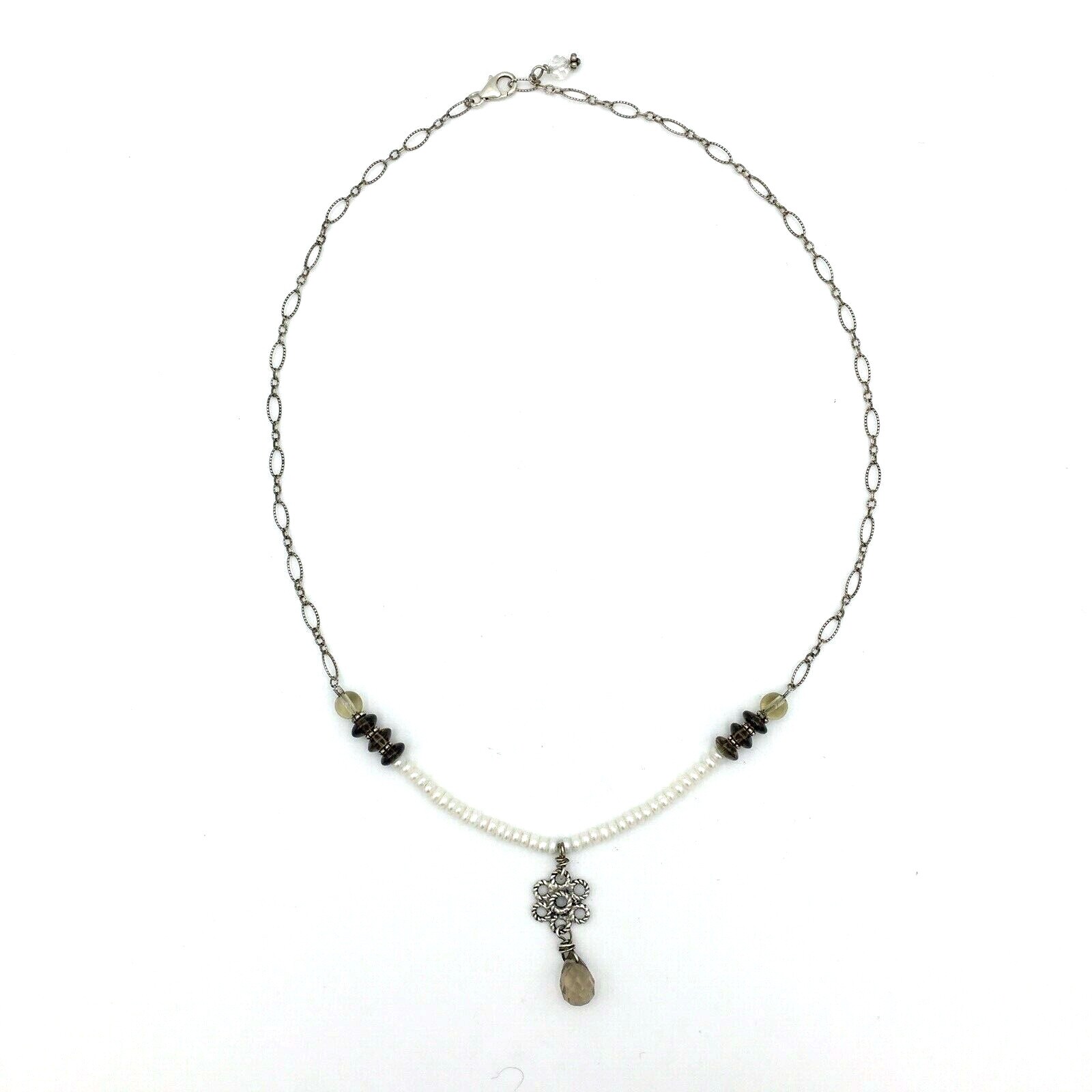 QUARTZ PRISM necklace – cultured pearl beads sterling silver flower pendant 20″