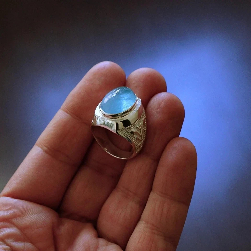 Natural Aquamarine Ring for Men Solid 925 Sterling Silver Handmade Jewelry