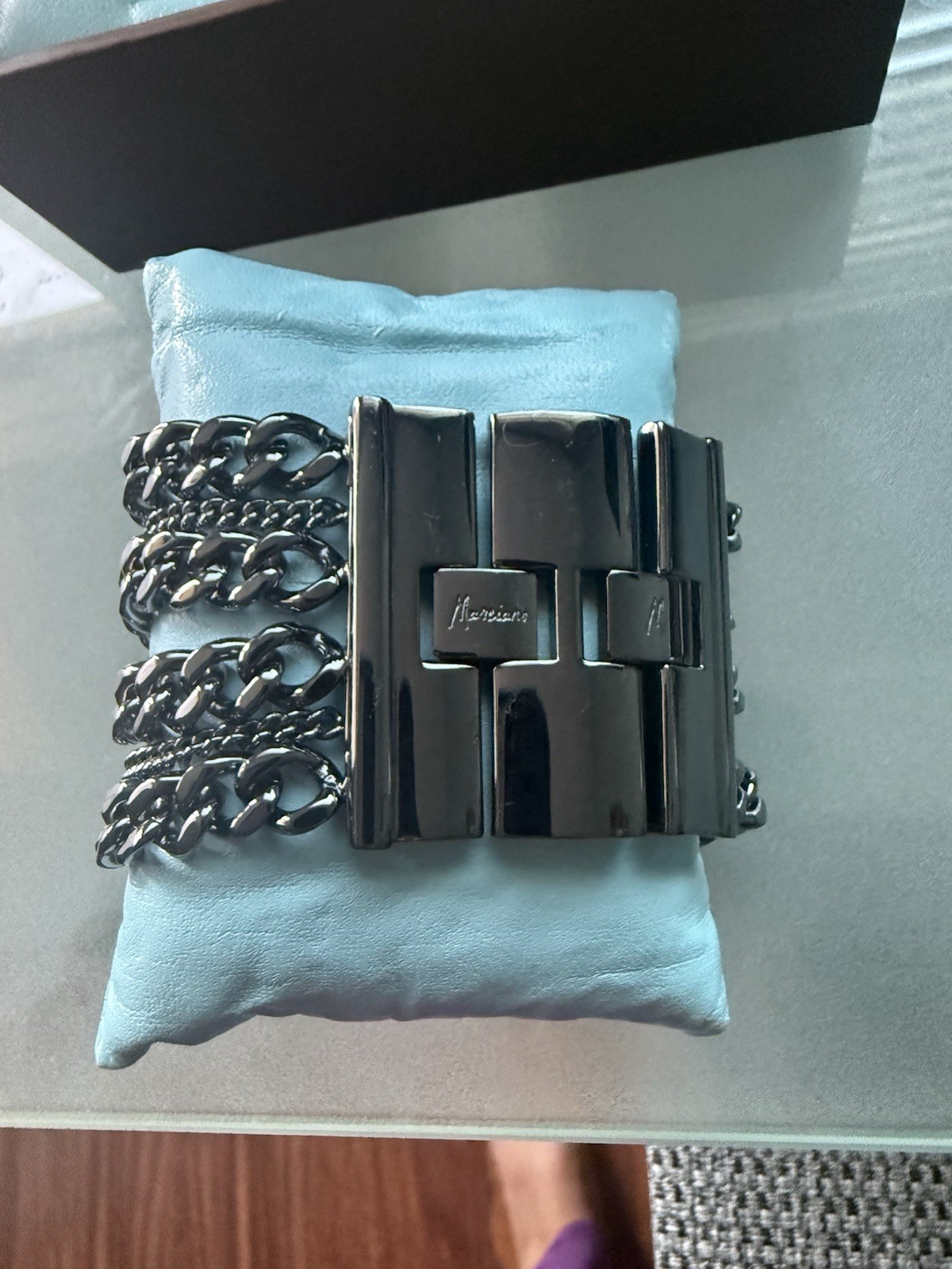 Marciano Black Curb Chain Cuff Bracelet Clear Round Crystal Fold Over Clasp