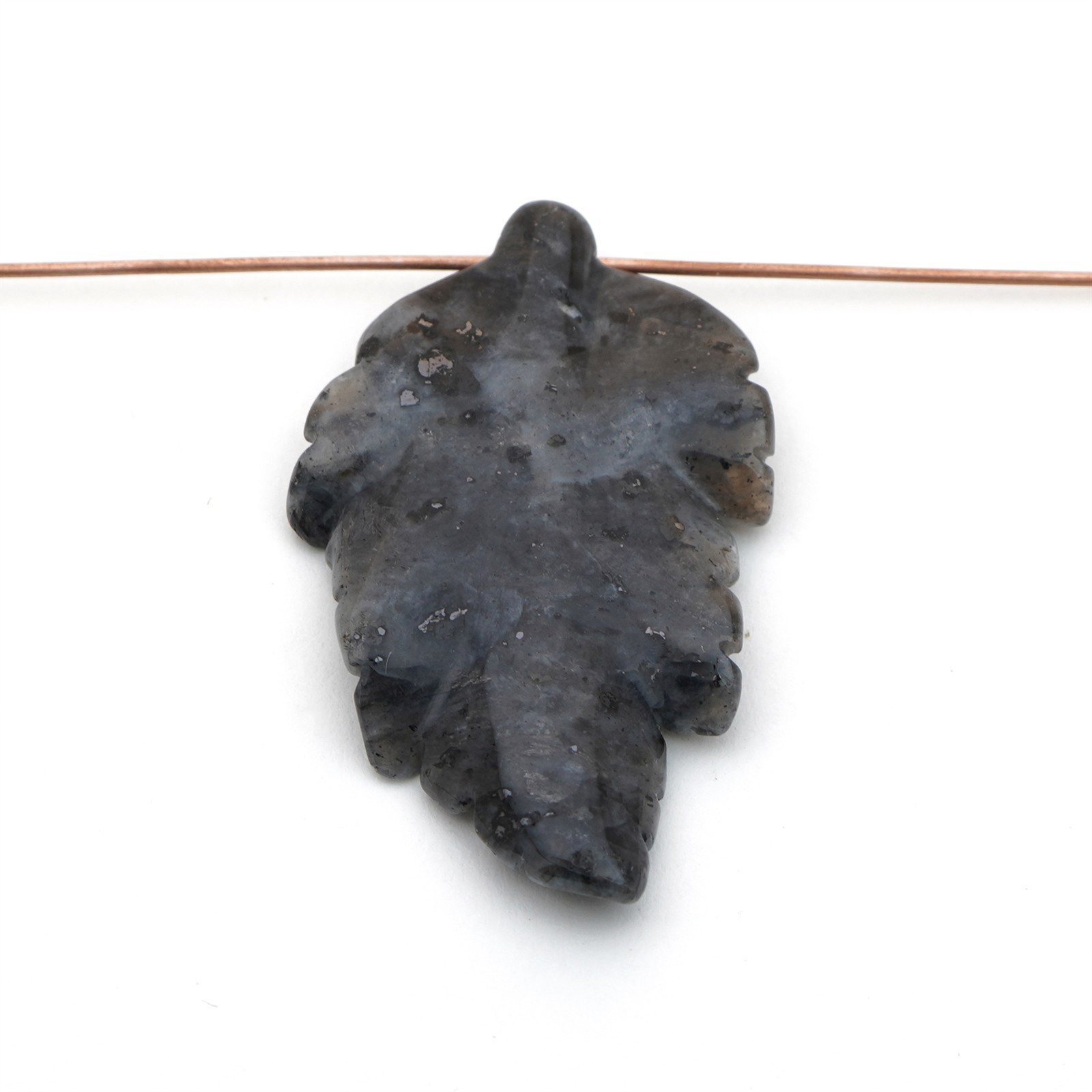 Long carved grey Norwegian moonstone leaf pendant top drill larvikite stone 41mm