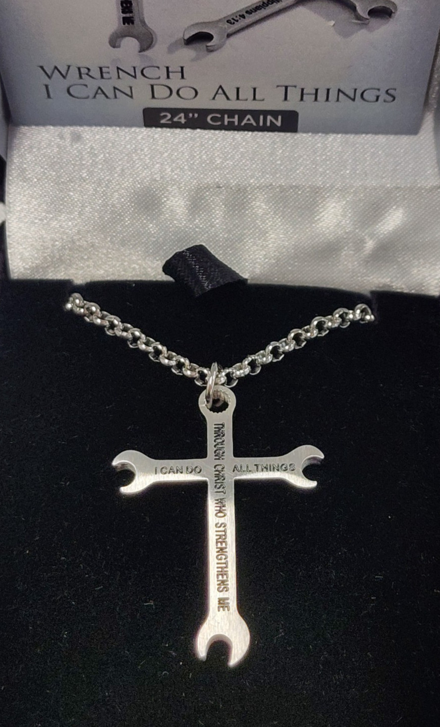 Logos Trading Post I Can Do All Things Wrench Cross Necklace 23.75″