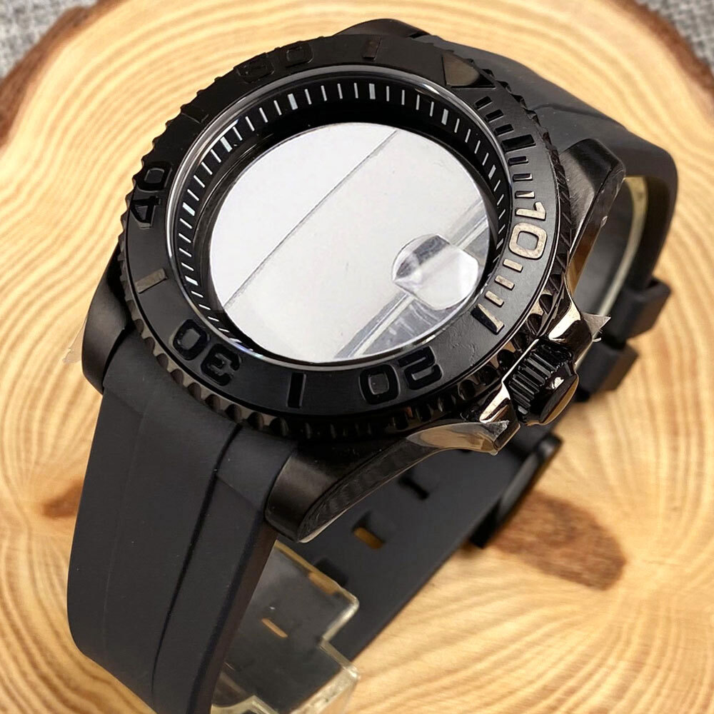 40mm Black PVD Sapphire Glass Watch Case Fit NH35A NH36A ETA2824 PT5000 Rubber