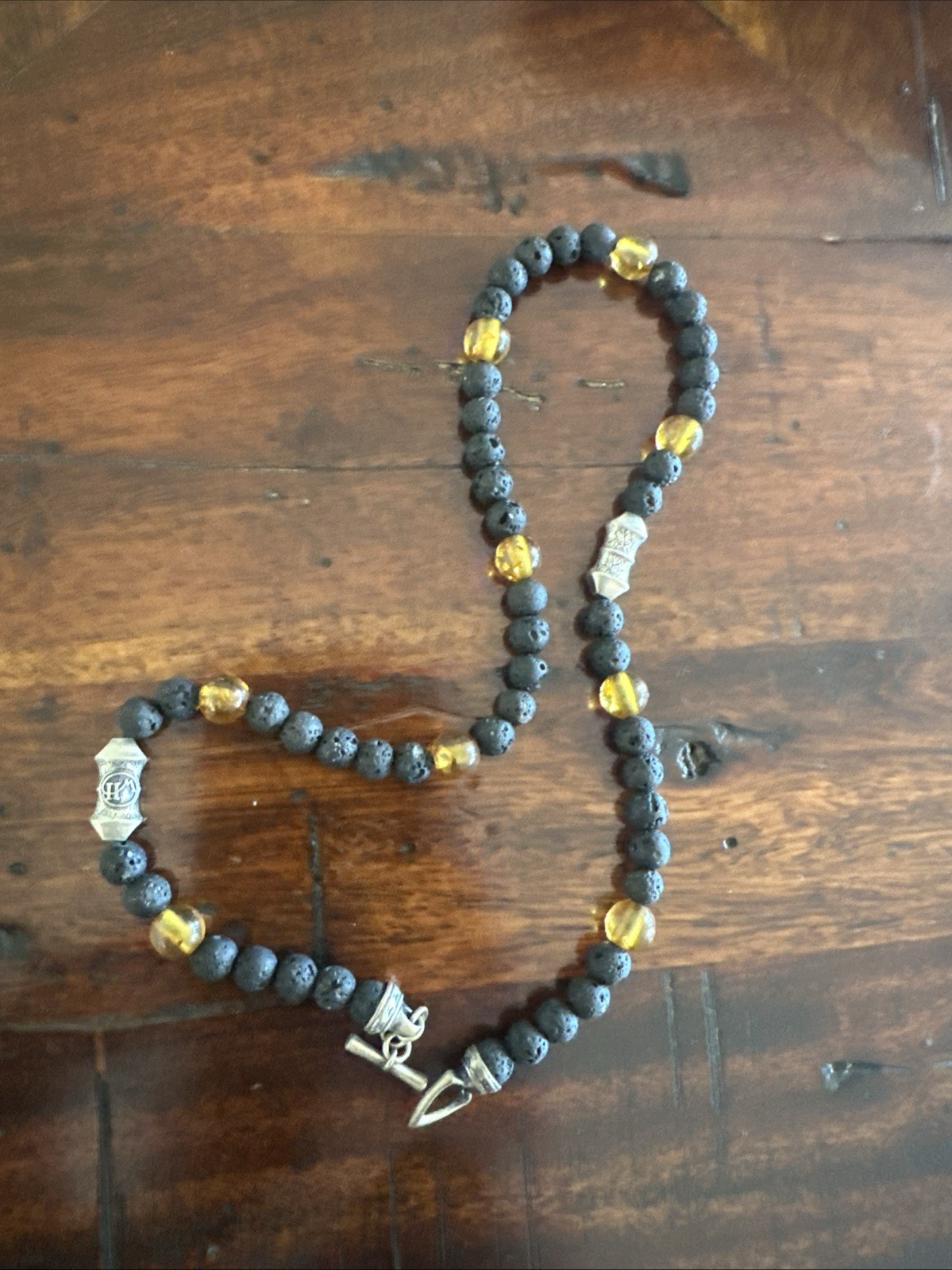 William Henry XL Baltic Amber & Lava Rock Beaded Bracelet, Sterling Silver