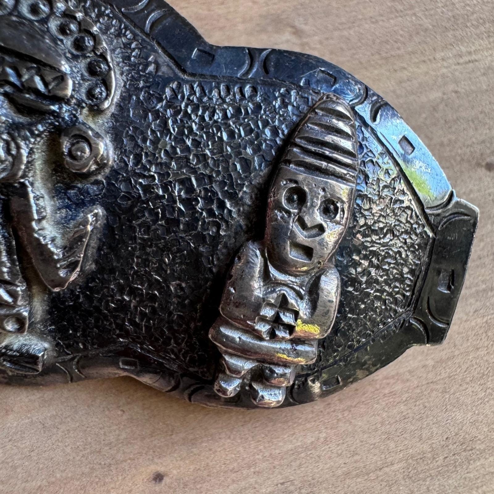 Vintage Peru 900 Silver Brooch Pre-Columbian Incan Deity Figures Leaf Hallmark