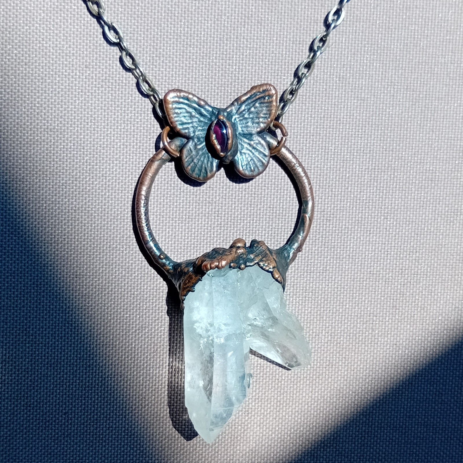 Handmade Butterfly Necklace Raw Quartz Electroformed Copper