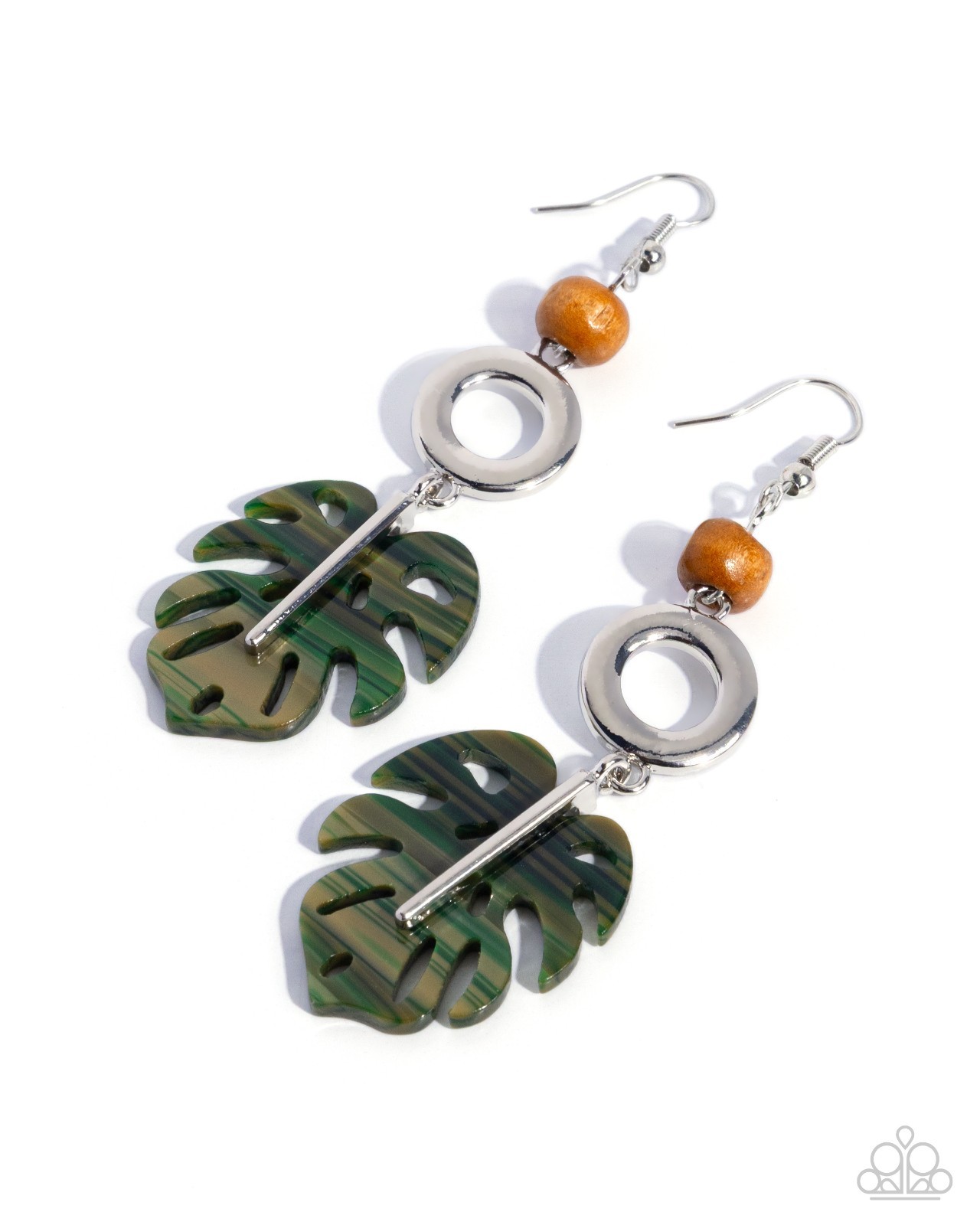 Paparazzi Cabana Cruise – Green – Wood Bead – Green Acrylic Palm Leaf – Earrings