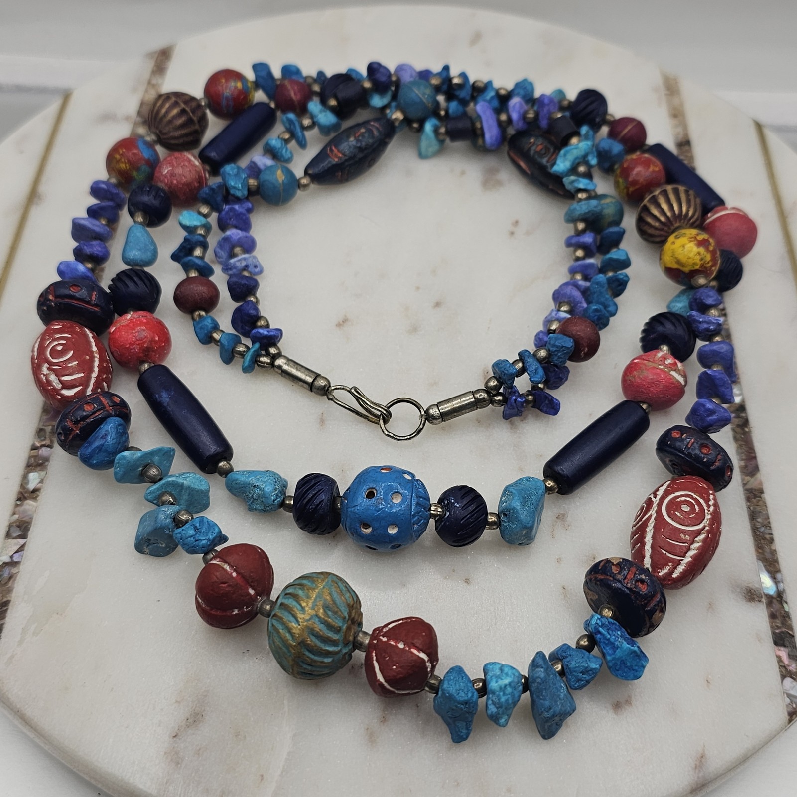 Vintage Artisan Beaded Necklace Mixed Media Tribal Ethnic 28″ Handmade Unsigned