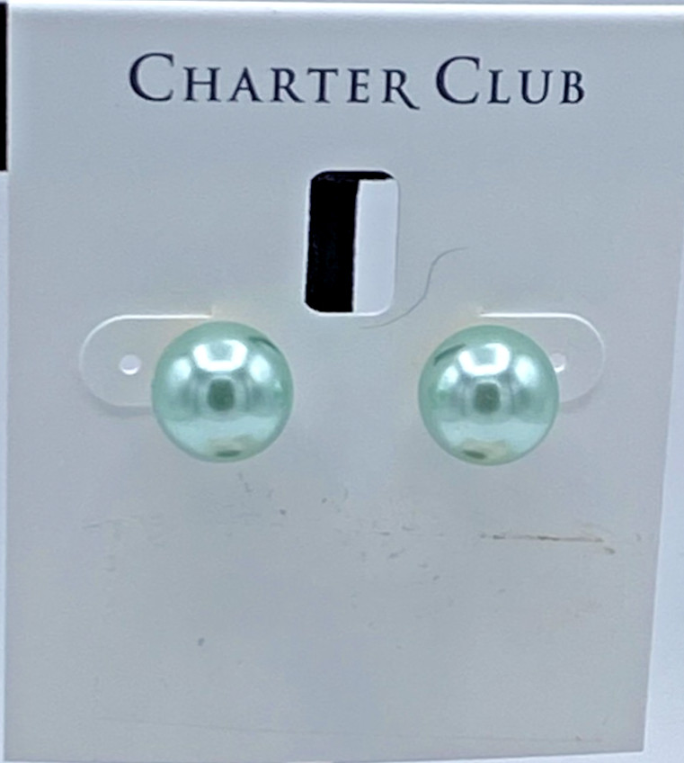 Charter Club Gold Tone Mint Green Imitation Pearl Stud Earrings 10 mm NOS