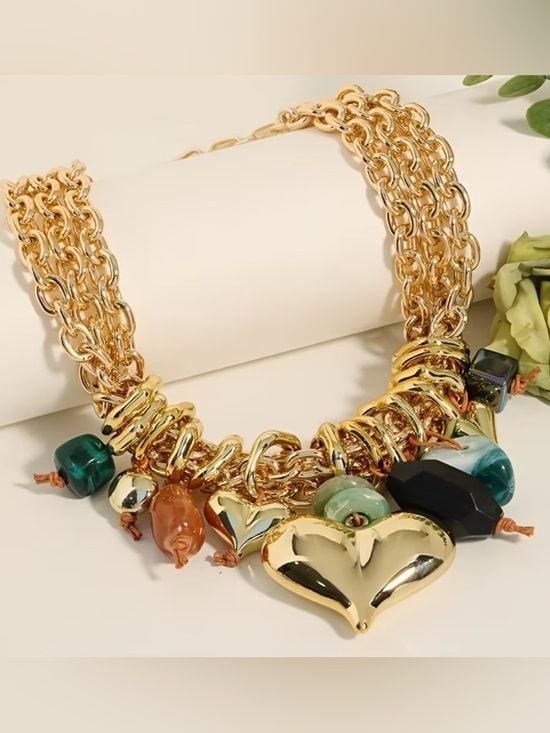 Gold Heart Charm Statement Necklace – Women Jewelry
