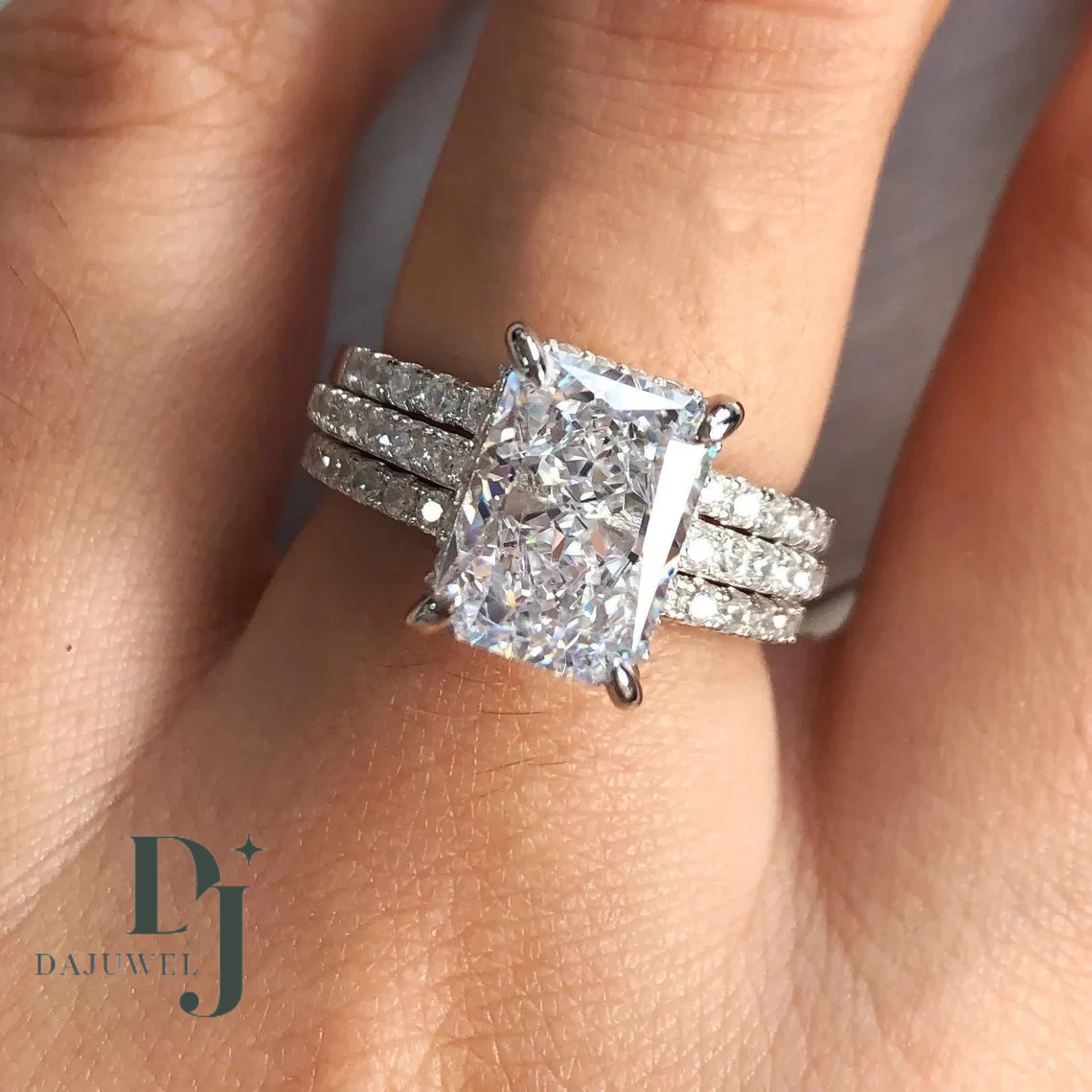 Trio Set Moissanite Engagemement Ring Solid 14K White Gold 3 Carat Radiant Cut