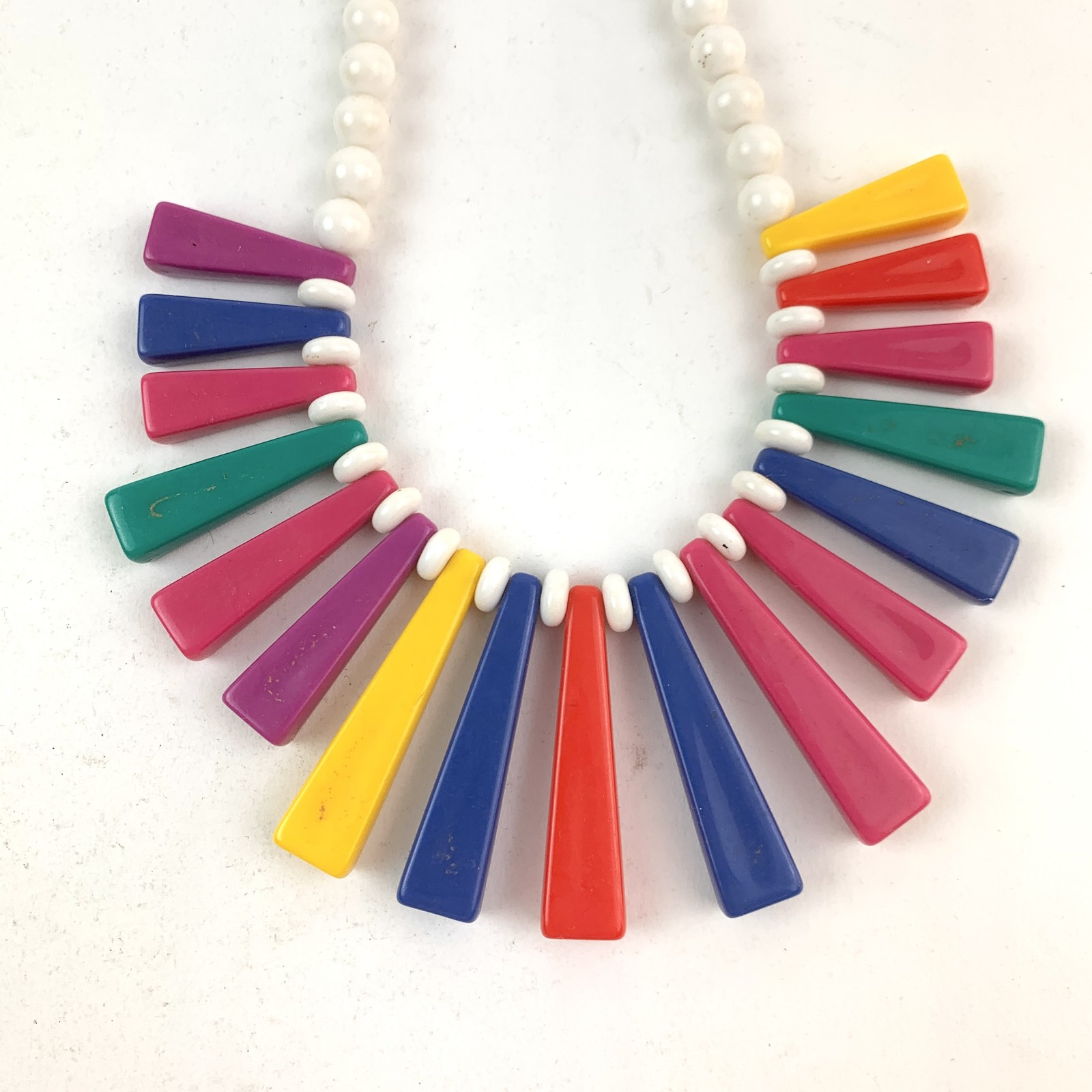 Vintage 80s 90s Colorful Geometric Fan Bead Necklace Retro Plastic Resin