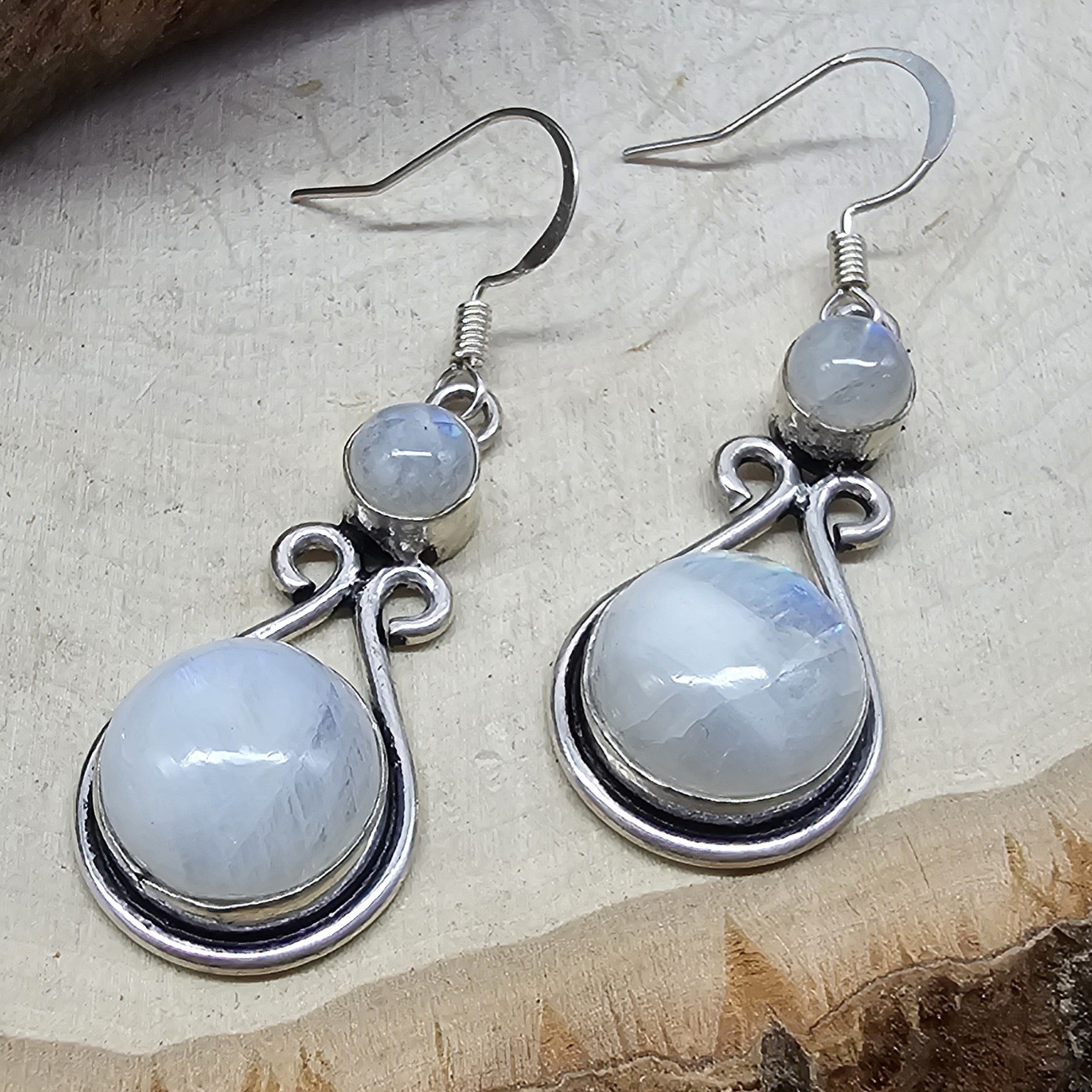 925 Overlay 12.2mm Rainbow Moonstone 2″ Drop Earrings
