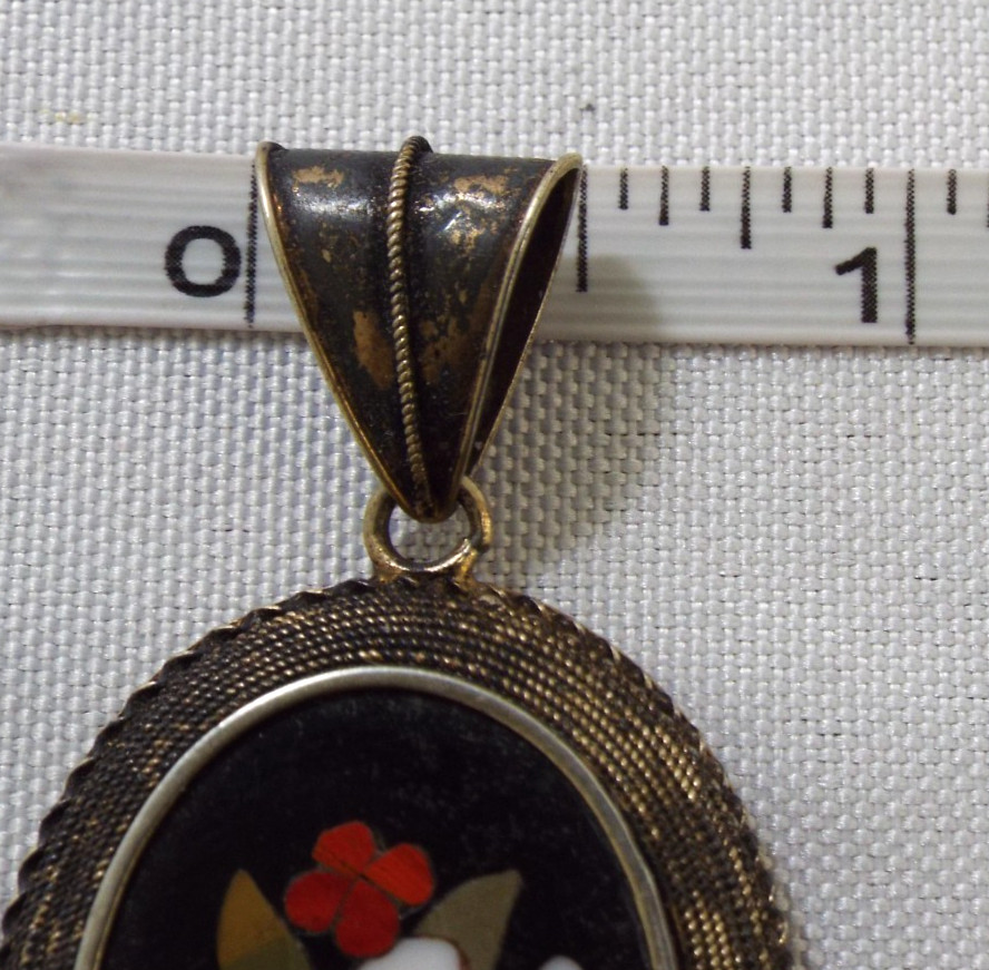 Antique Italian Pietra Dura Inlaid Mosaic 2 Sided Pendant Sterling Silver 12.1g