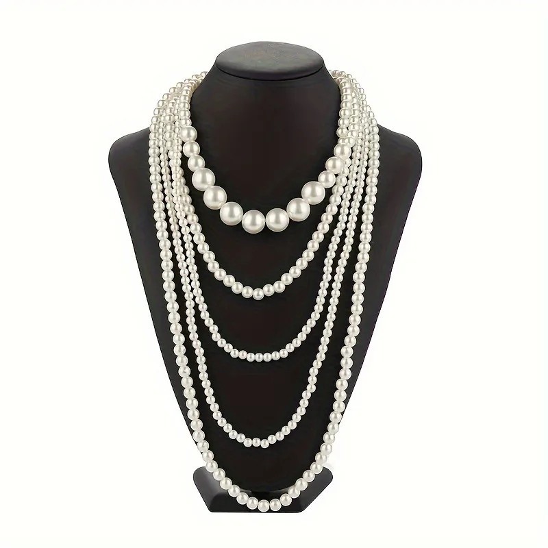 Multi Layer White Faux Pearl Statement Necklace Long Beaded Strand Wedding