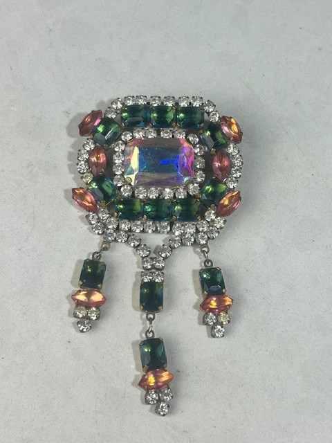 Vintage Bijoux MG Beautiful Czech Glass Rhinestone Brooch with Dangles