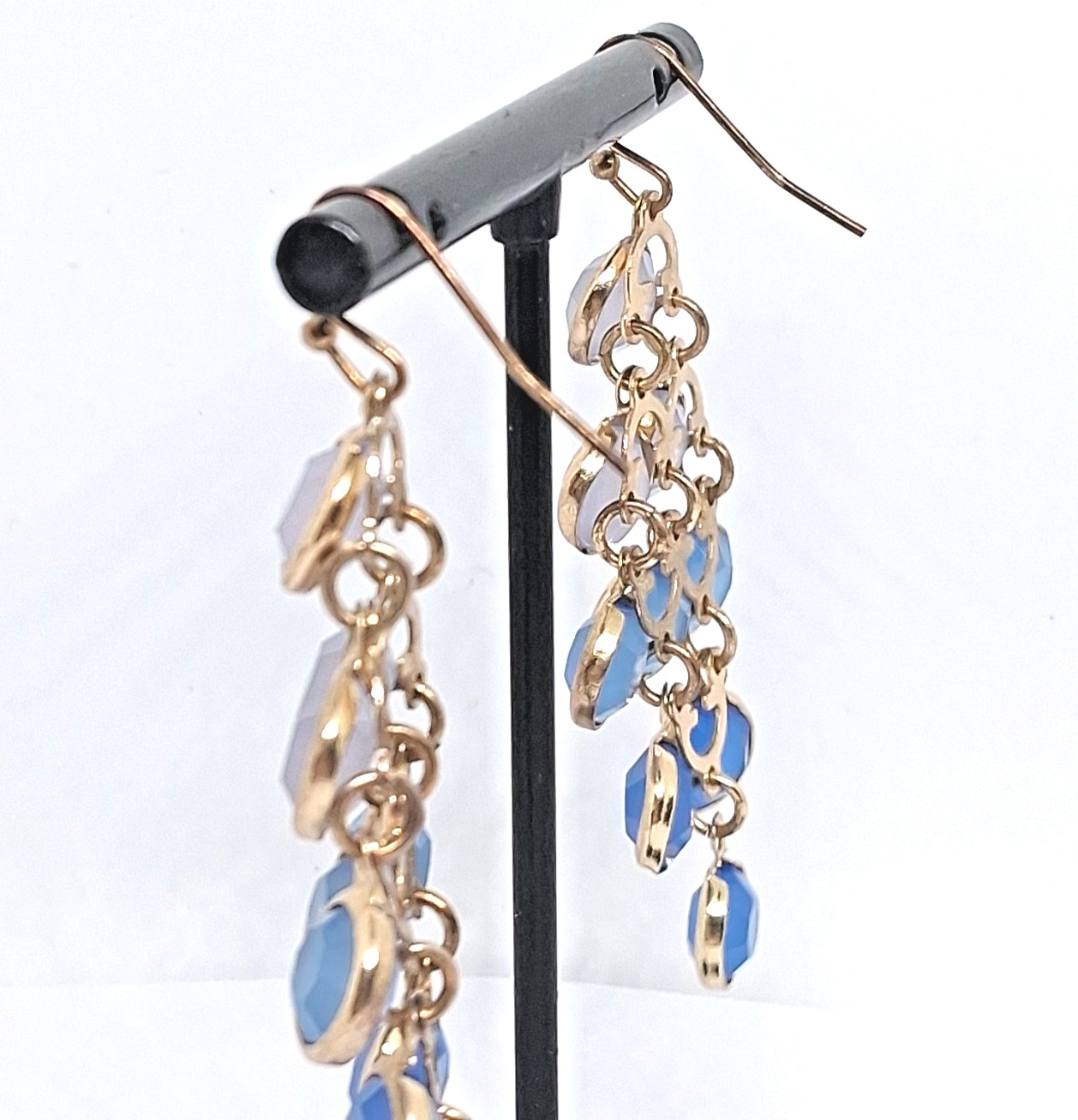 Gold Tone with Blue Taper 2 Inch Chandelier Drop Hook Earrings