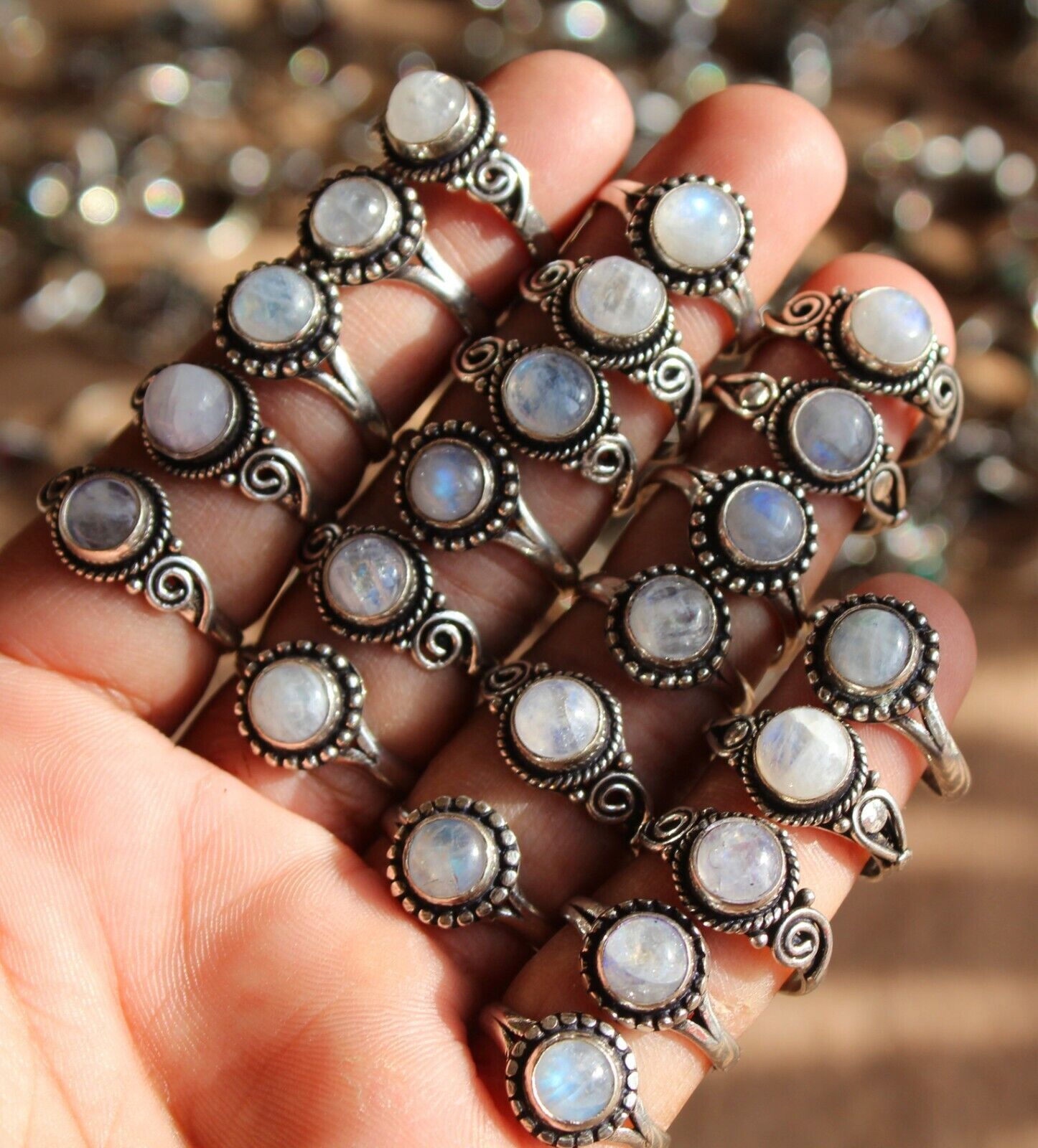 Rainbow Moonstone 925 Silver Plated Anxiety Rings Lot,Boho Rings,Hippie Jewelry~