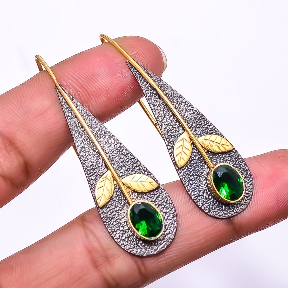 Emerald (Simulated) 925 Silver Black & Gold Rhodium Plated Earring 2.15″ E4