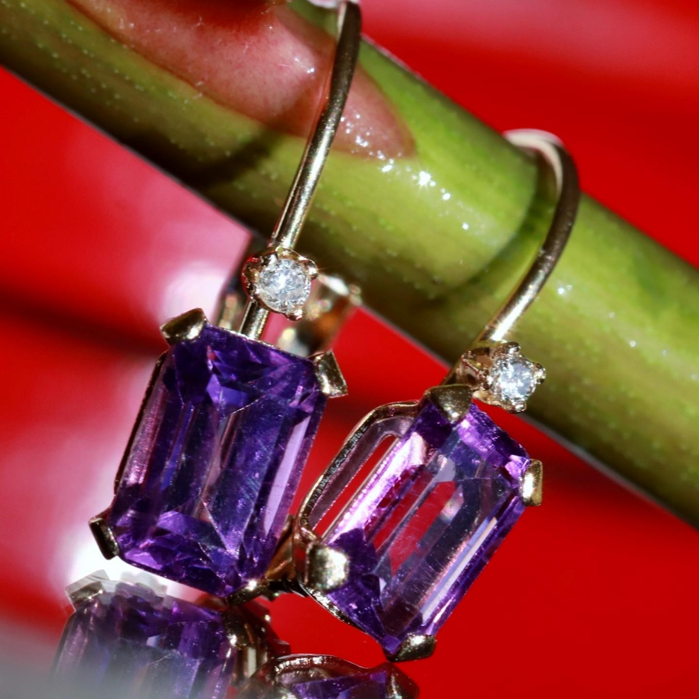 14k yellow gold earrings 0.82ct amethyst diamond 0.61″ dangle 0.91gr N3685