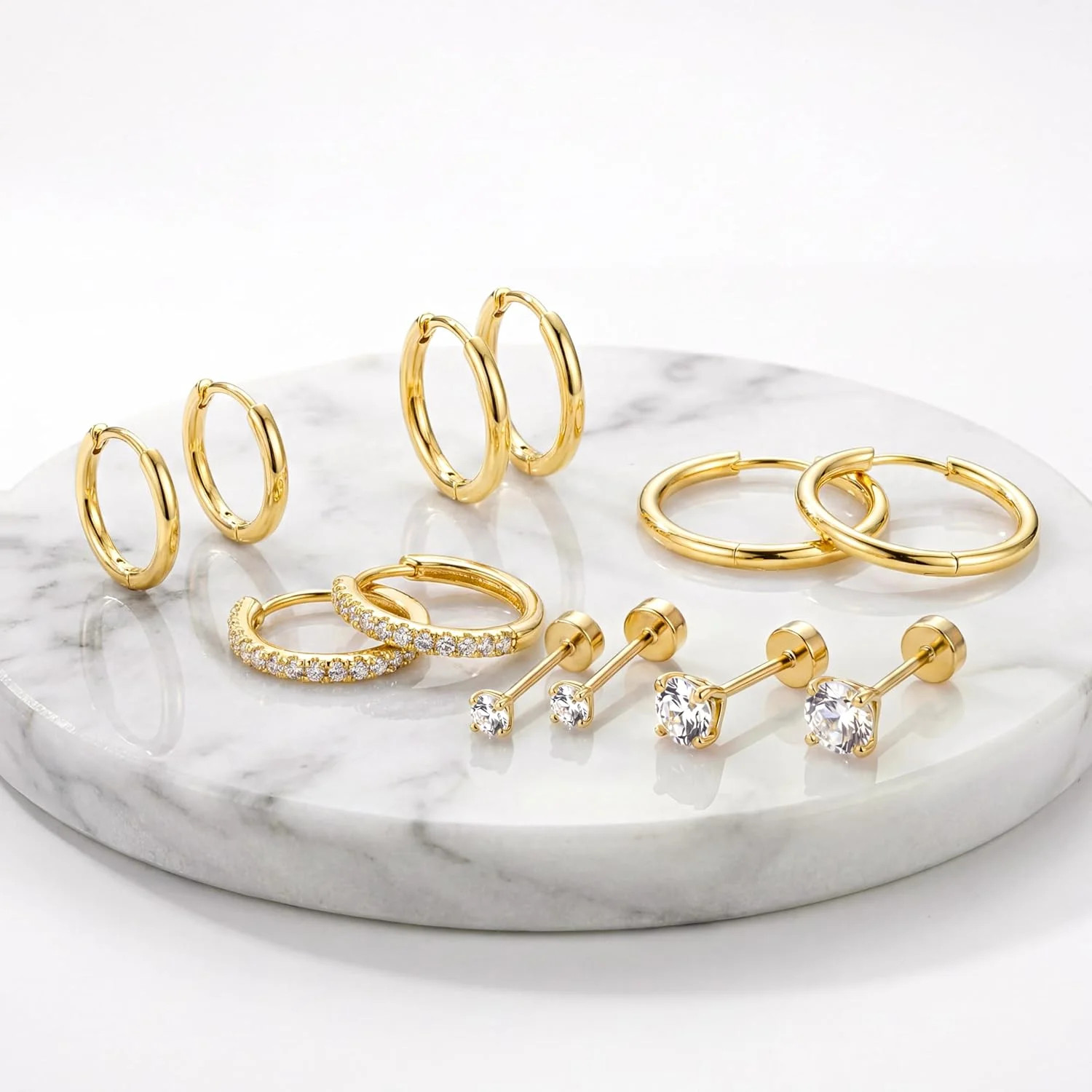 Small Gold Huggie Hoop Stud Earrings Set for Women Stack, Flat Back 316L Hypoall