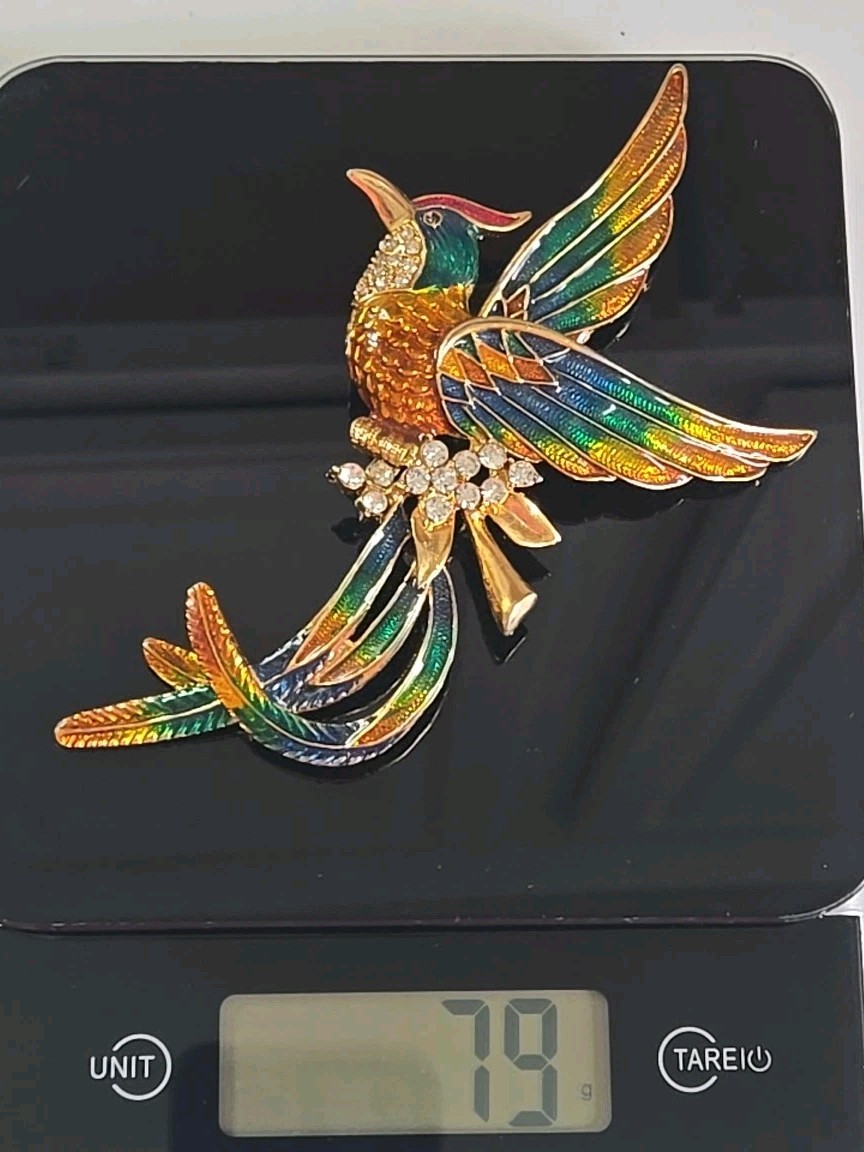 Vintage D’orlan Boucher 6″ Enamel Phoenix Bird Brooch Multicolored, Clear Crysta