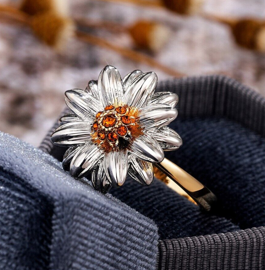 Love Gift Ring Silver Plated Daisy Sunflower Ring 1CT Simulated Diamond Ring