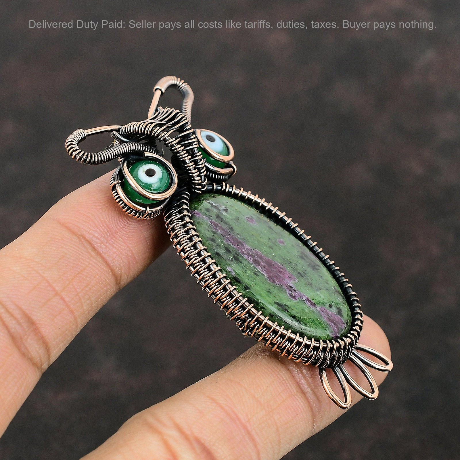 Ruby Zoisite Stone Green Color Evil Eye Copper Wire Wrapped Owl Pendant Jewelry
