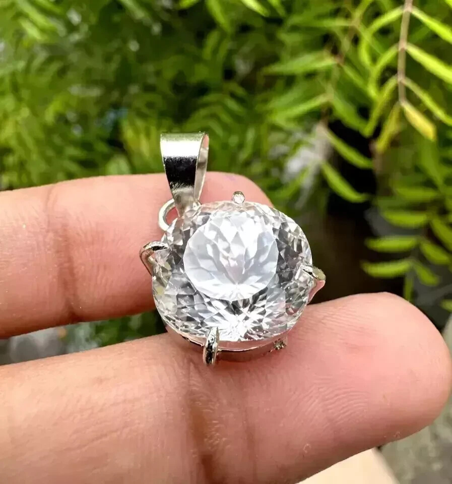 25.14 Ct Natural White Sapphire Round Cut Certified 925 Sterling Silver Pendant