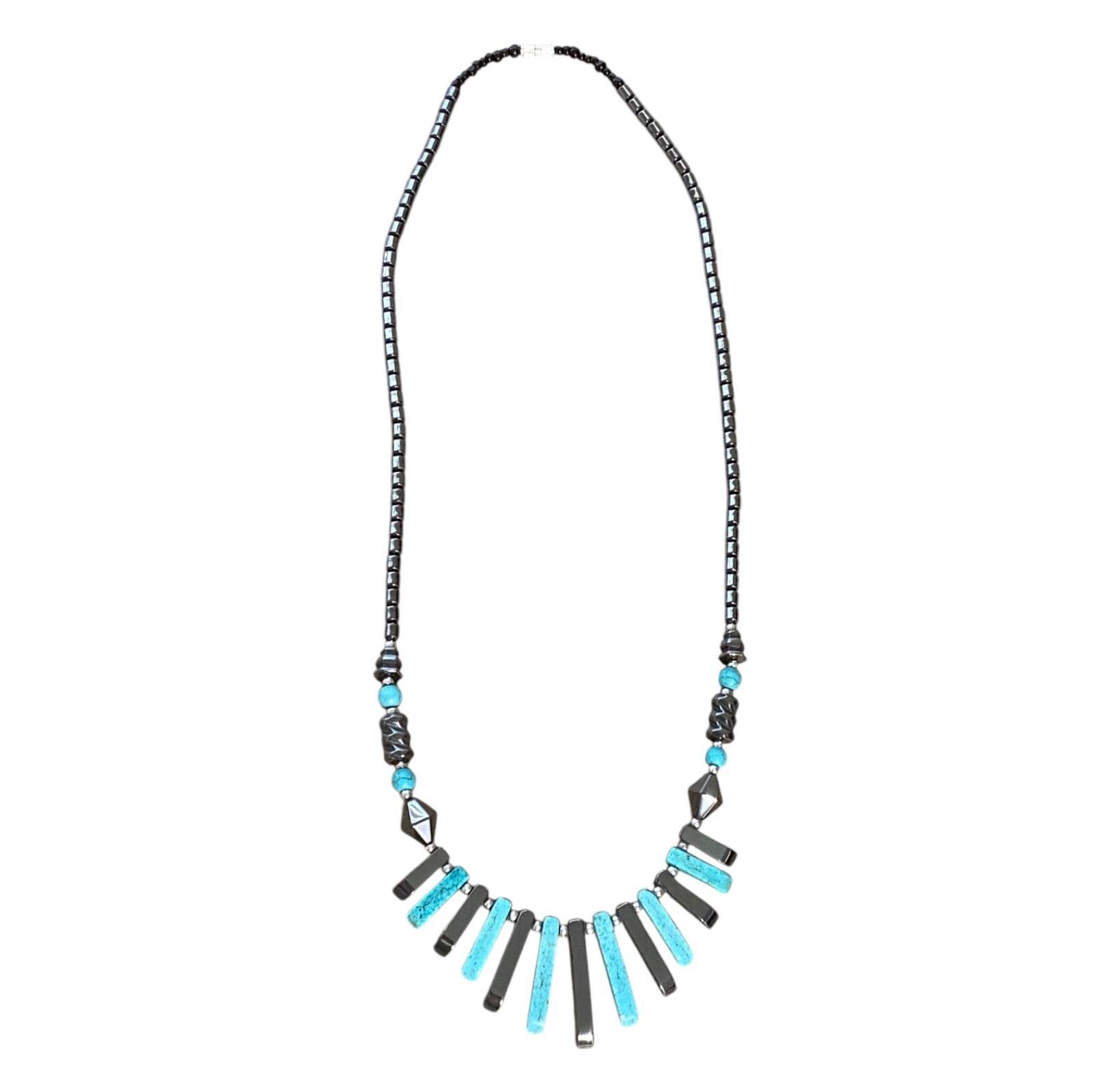 Vintage Turquoise Blue Dyed Gemstone Bib Necklace Carved Polished Shiny Fringe