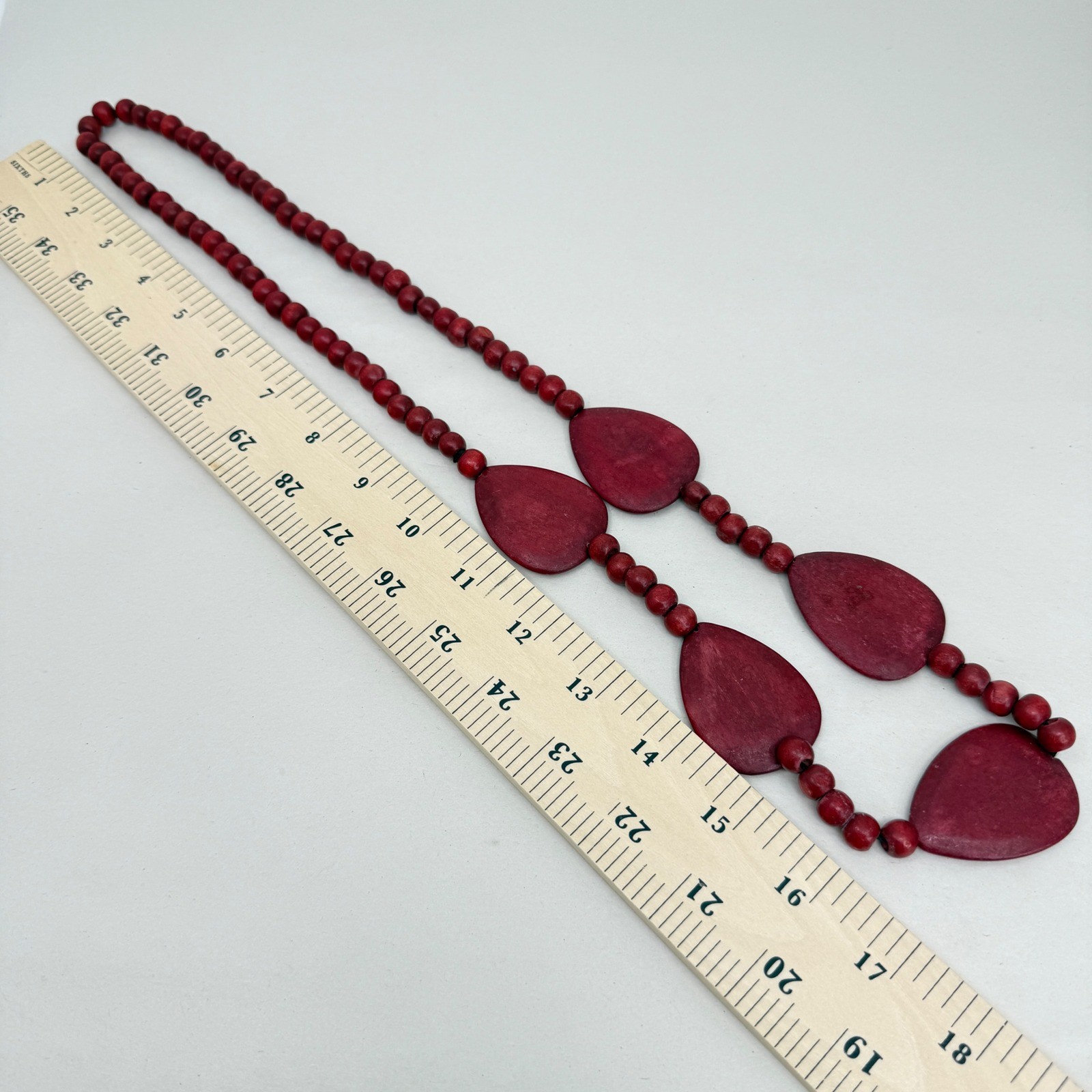 Wood Bead Long Necklace Teardrop Statement Boho Artsy Maroon Burgundy Red