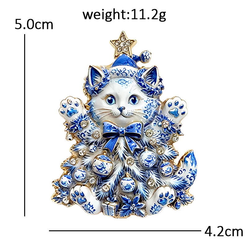 Christmas Tree Cat Brooch Pin Rhinestone Kitty Holiday Lapel Pin Gift for Women