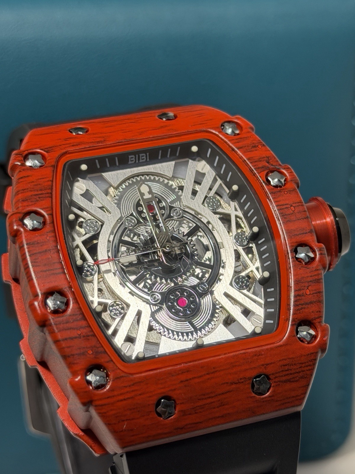 BIBI Luxury Watch Red Tonneau Case Skeleton Mechanical Style Men’s! SHARP! NEW!!