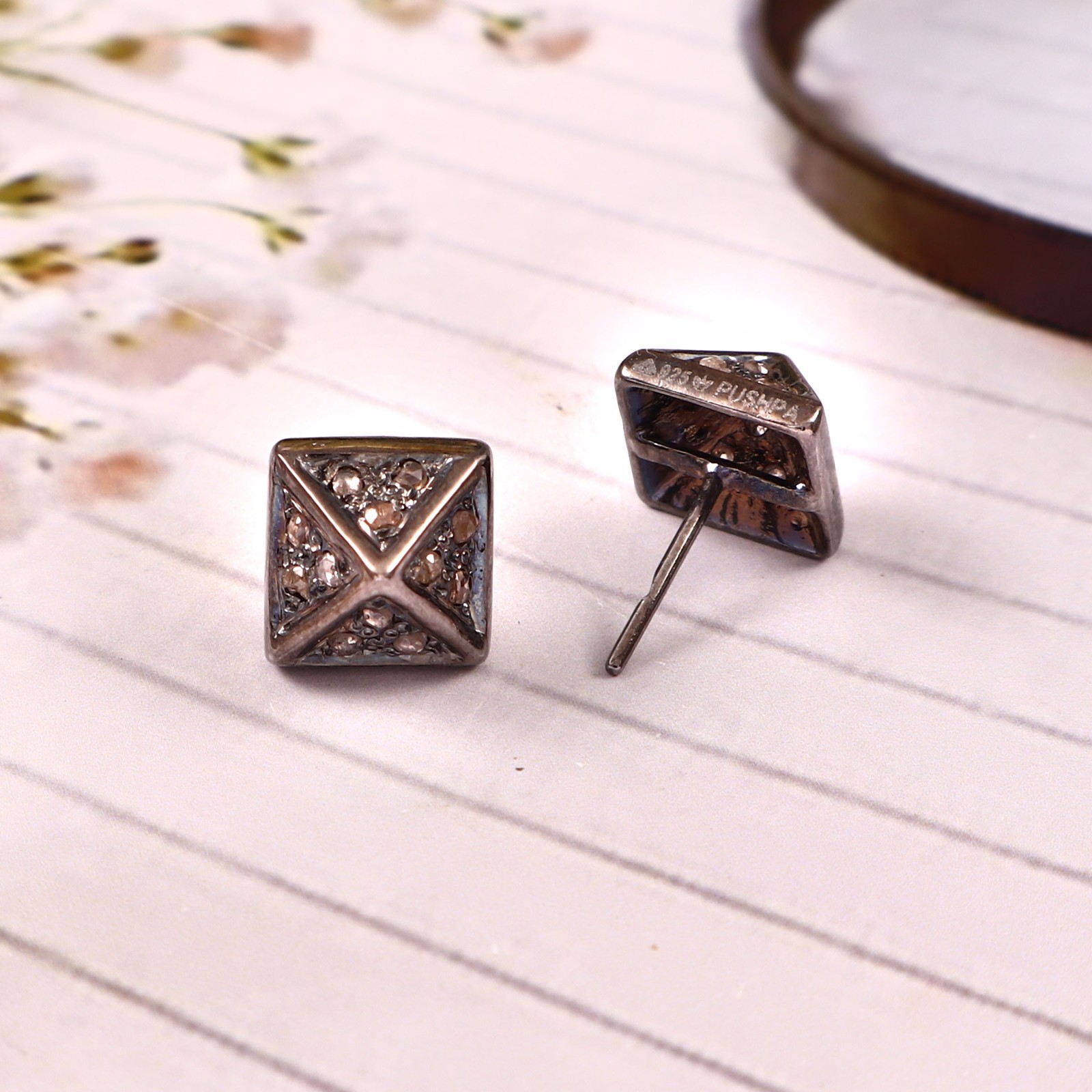 Natural Rose Cut Diamond pyramid studs Earrings 925 Sterling Silver Handmade