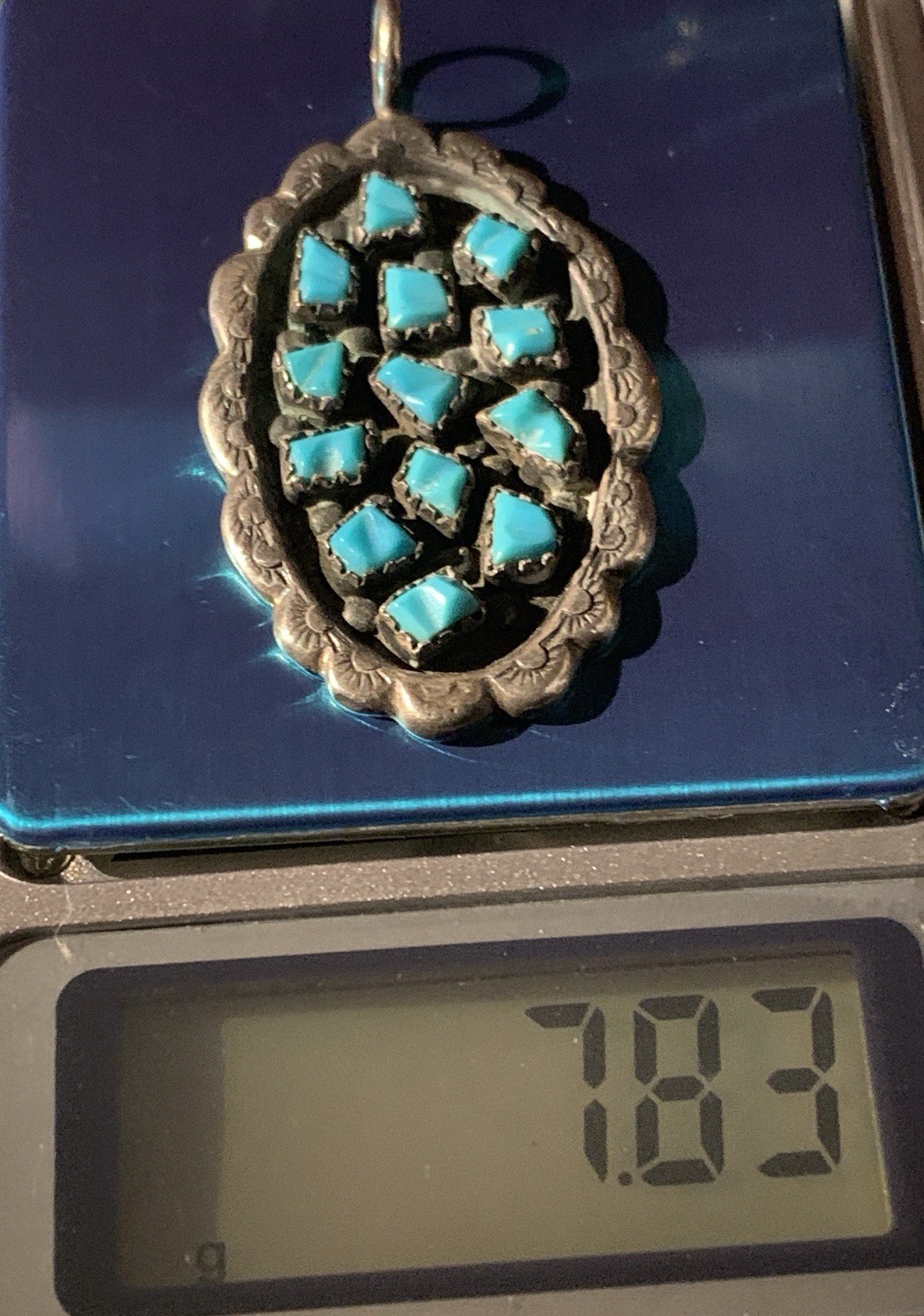 Vintage Zuni Sterling “G.L. Leekity” Turquoise Cluster Pendant 7.83 grams