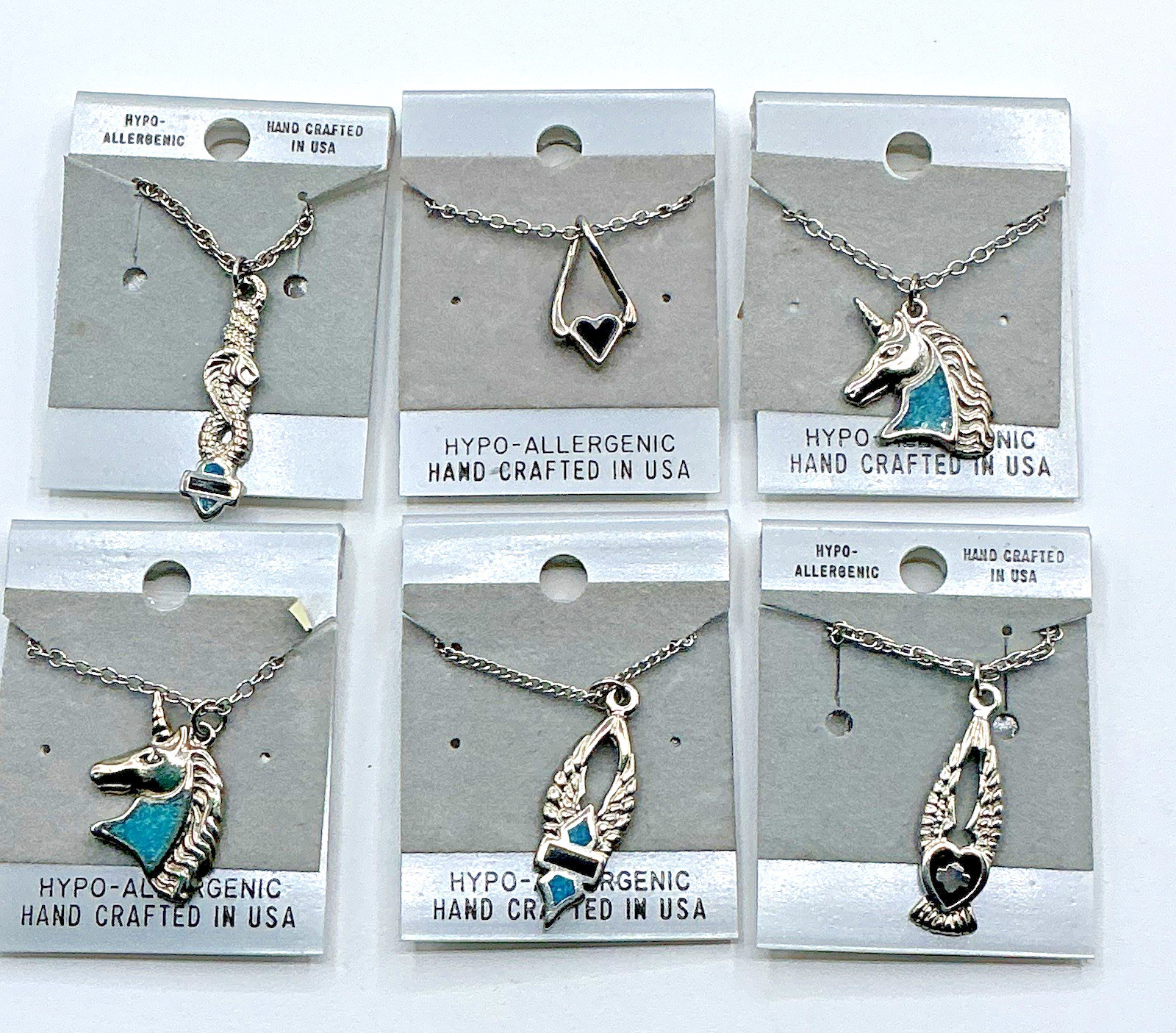 Vtg Silver Tone 18” Necklace Lot of 6 Hand Crafted In USA Heart Unicorn Snake