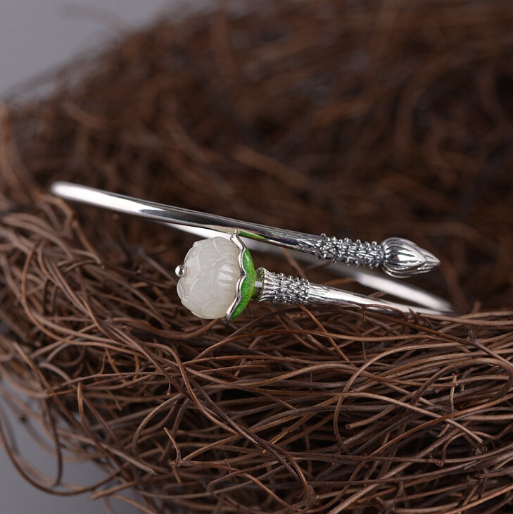 I05 Bangle Silver 925 with Lotus Flower and Bud White Jade Cloisonne