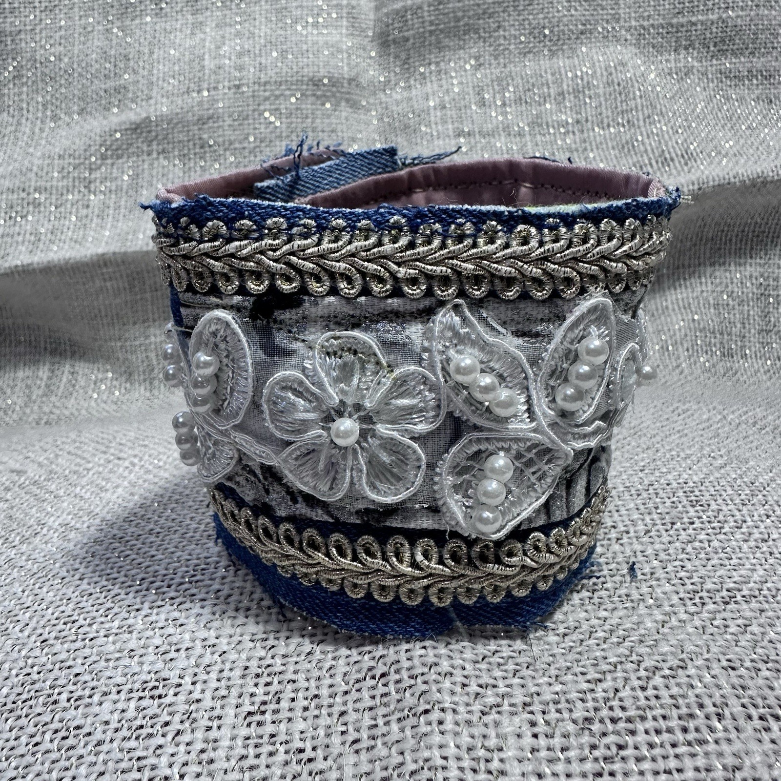 Wide Cuff Bracelet Boho Denim Fabric Embellished 3D Floral Lace Handmade 6-7