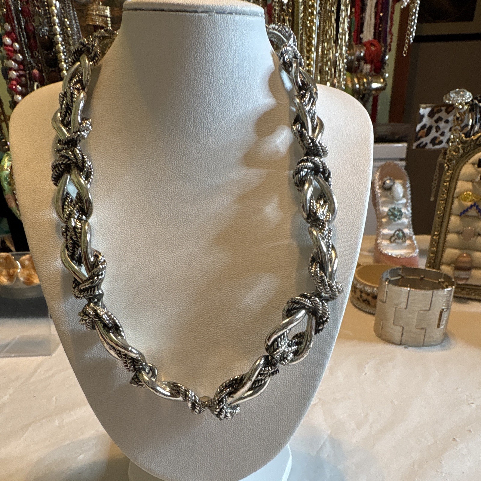 DKNY Silver-Tone Chunky Link Chain Statement Necklace Toggle Round Charm Signed