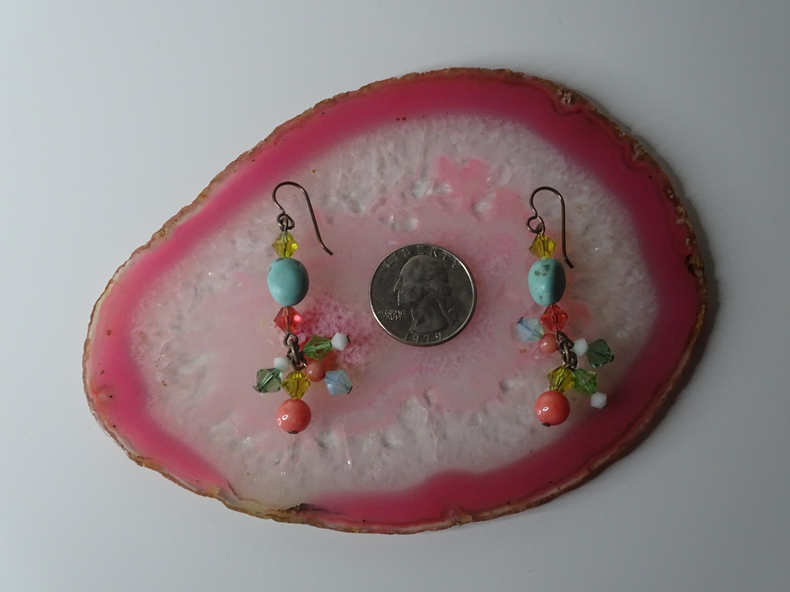Vibrant Southwestern Turquoise & Red Coral Beaded Dangle Hook Earrings 7.83g