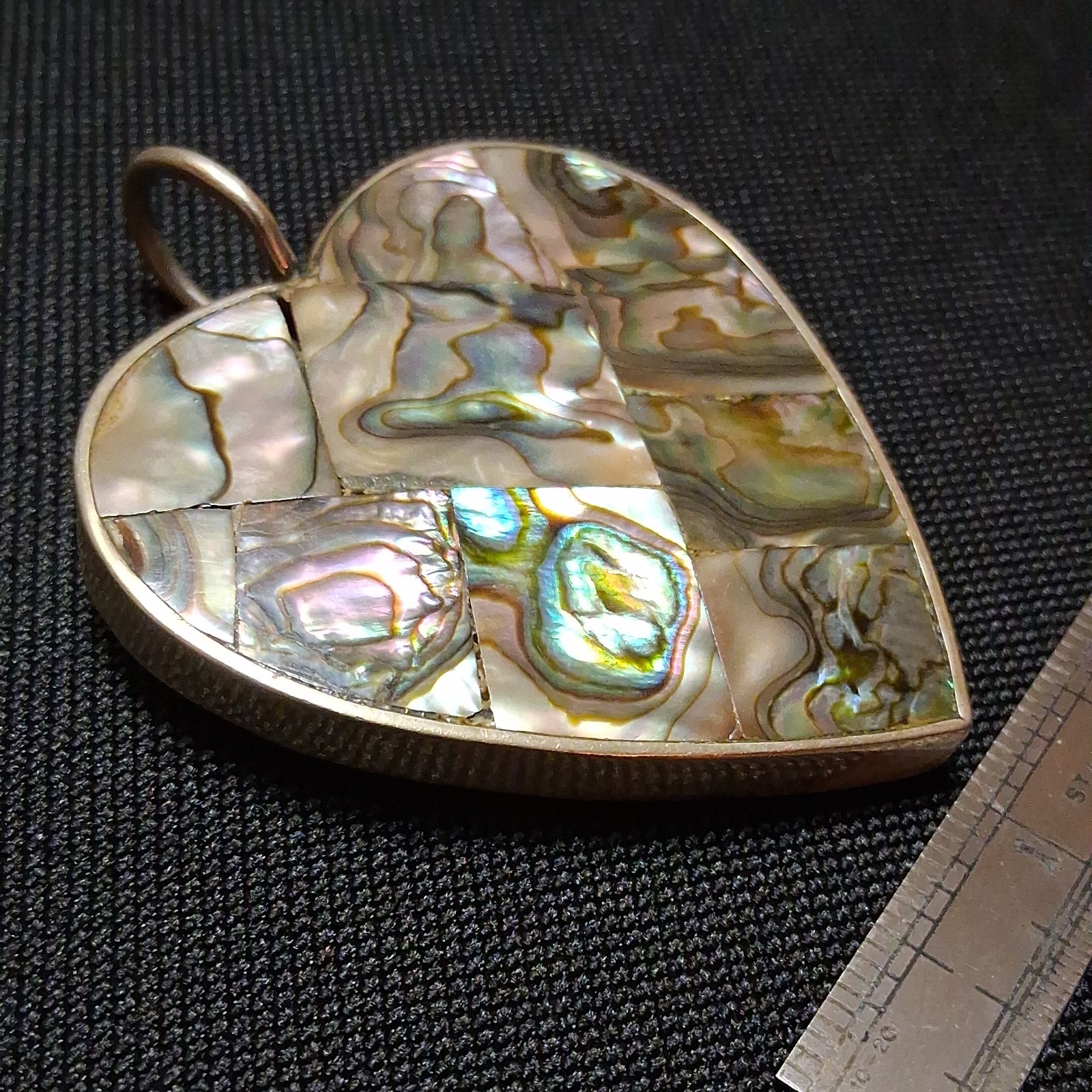 BIG TAXCO MEXICO HEART ABALONE SHELL DOUBLE SIDE REVERSIBLE PENDANT 925 STERLING