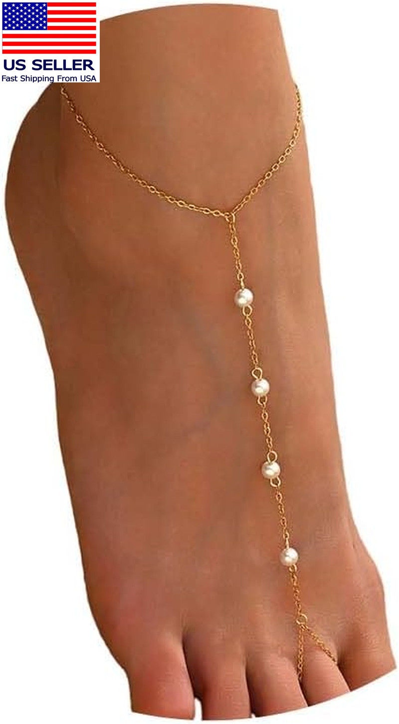 Toe Ring Anklets for Women Waterproof 18K Gold Plated Pearl Beaded Heart Diamond
