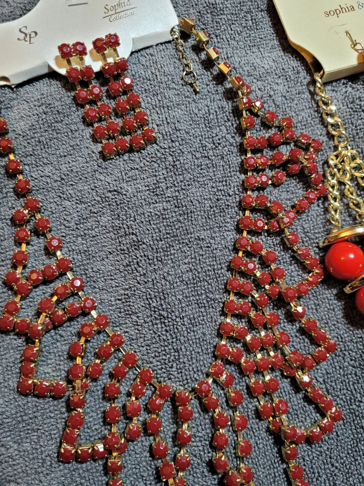 Sophia Kate Statement Necklace Lot Of 3 W/ Earrings New Red, Gold, Green