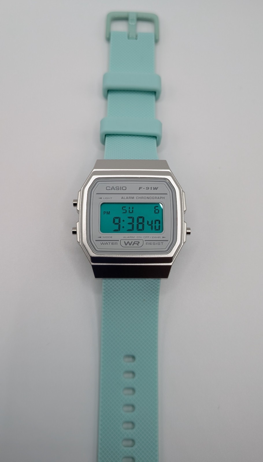 Casio F-91W Emerald Green Custom Watch Mod Silver White Mint Quick Release Strap